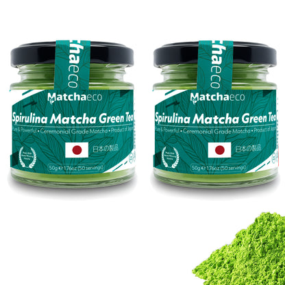 Two jars of Spirulina Matcha Green Tea with Matchaeco branding on a white background.