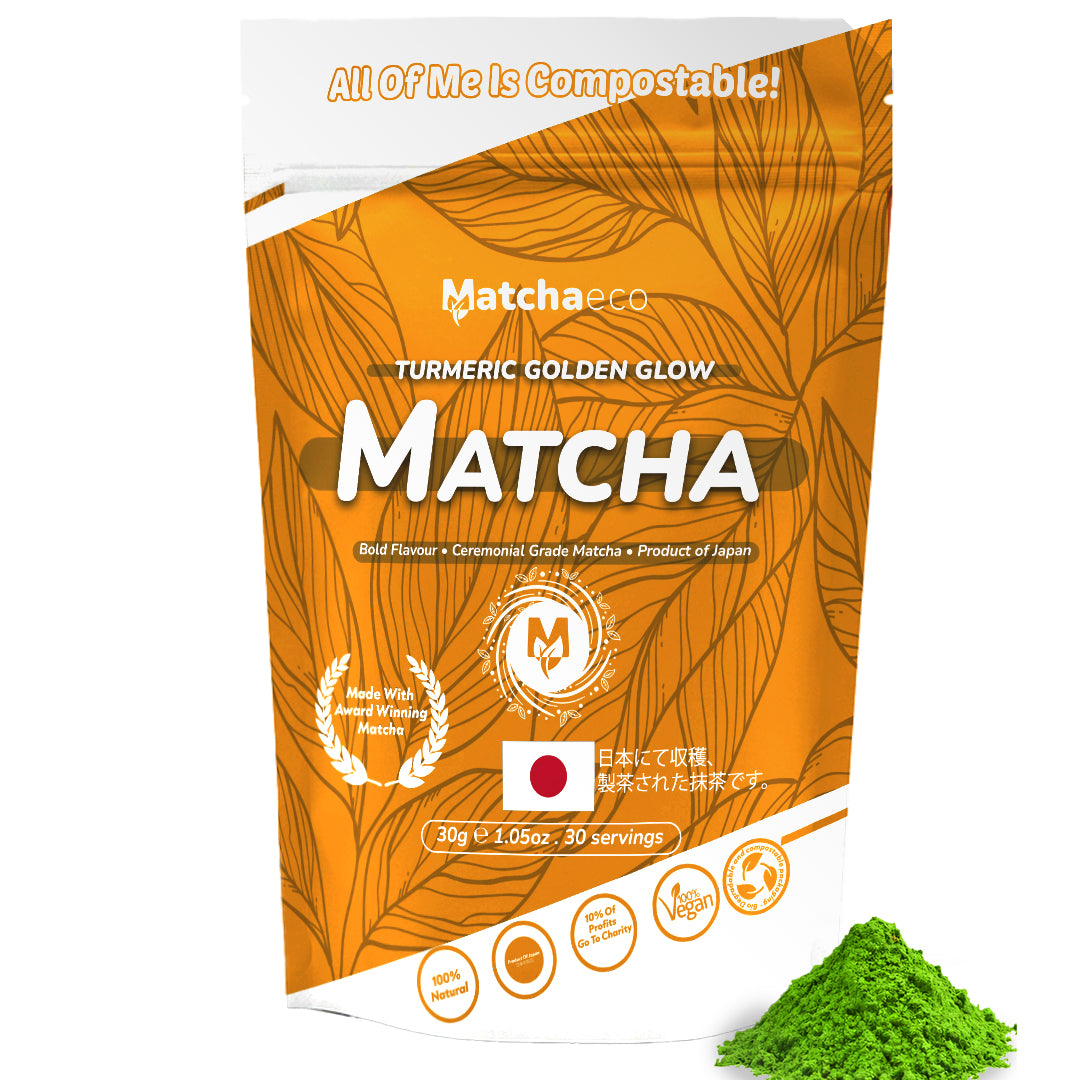 Matchaeco Turmeric Matcha Green Tea package with a green and orange abstract background