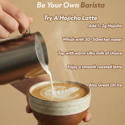 Hojicha latte being prepared with text on how to make it