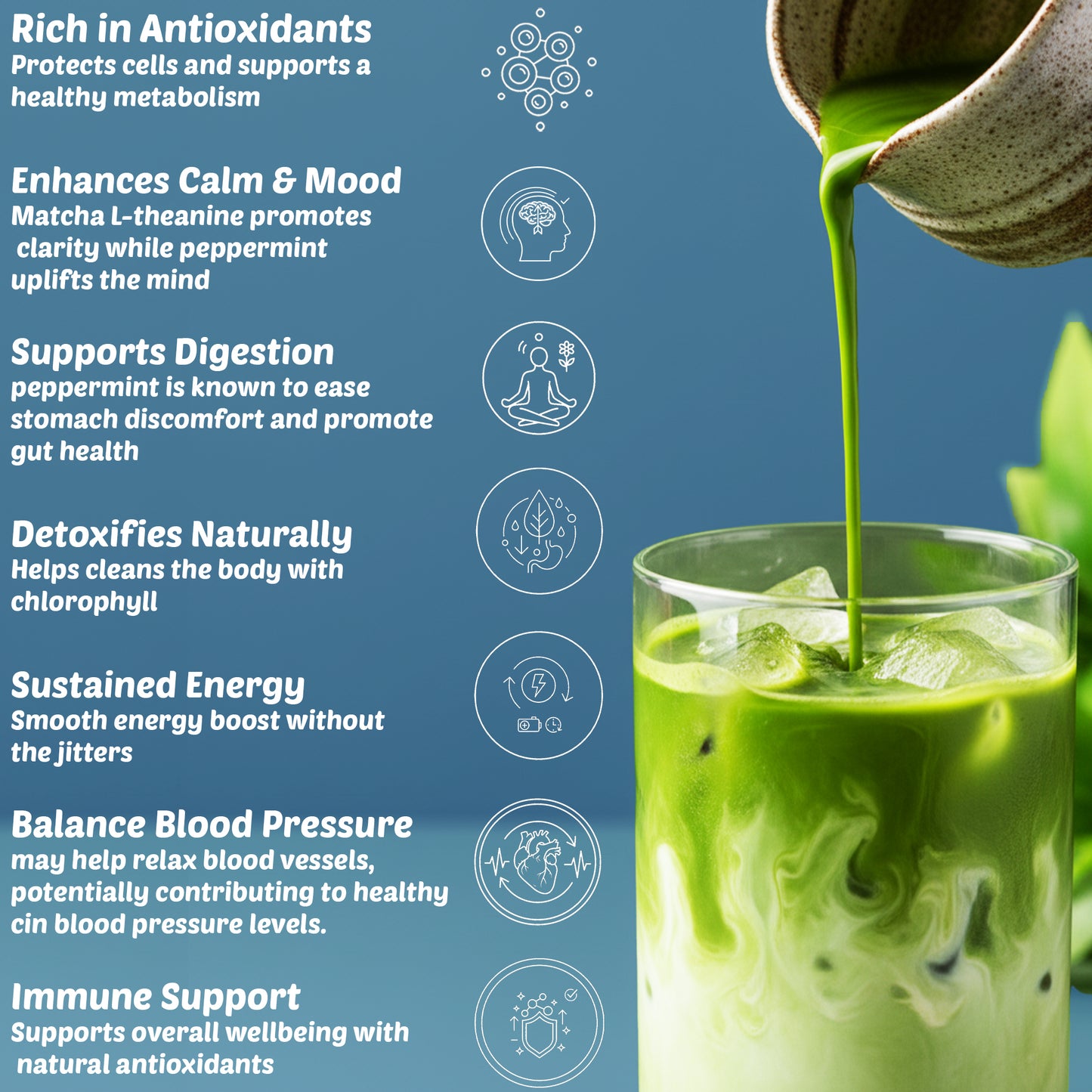 Green drink being poured into a glass with health benefits listed on a blue background