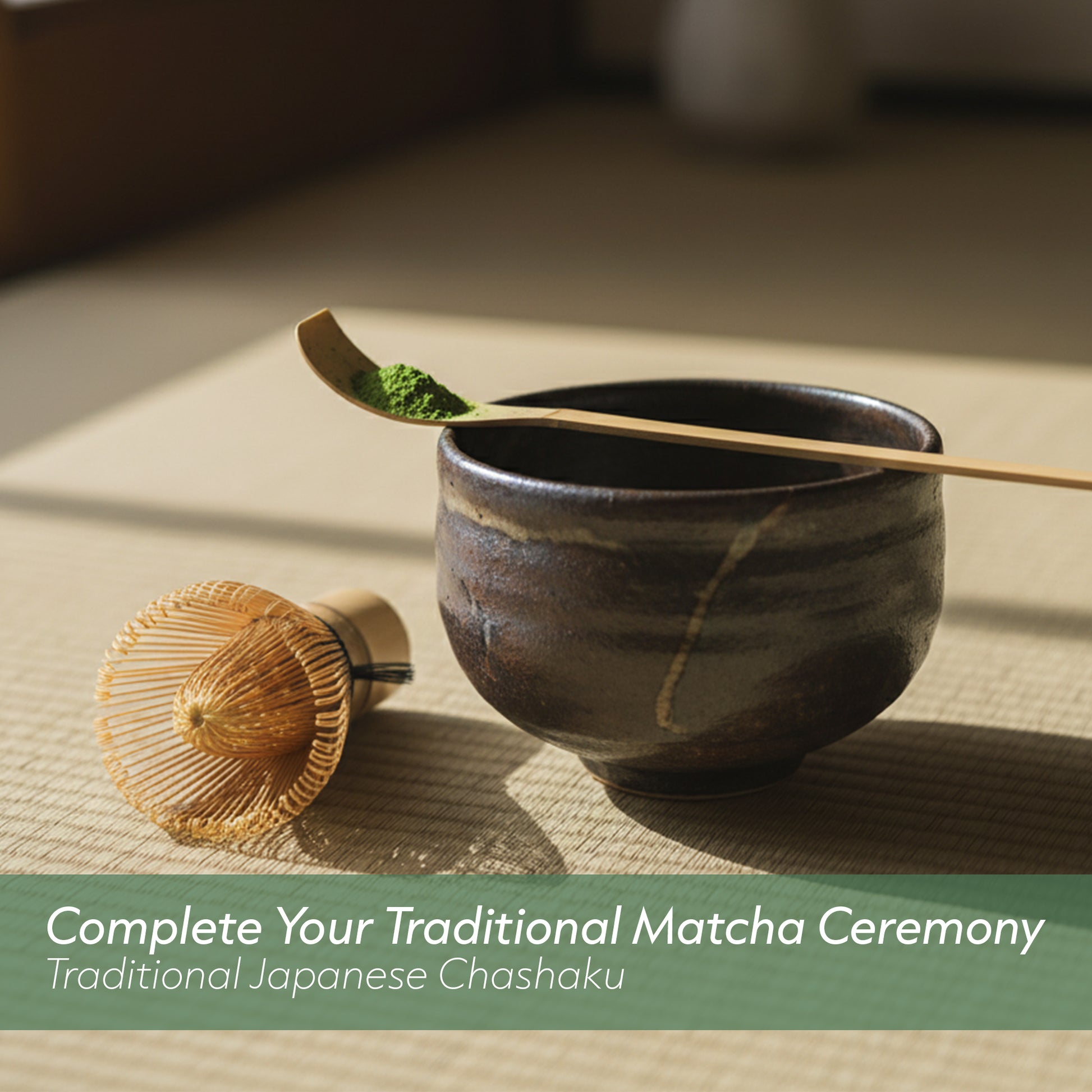 Traditional Japanese chashaku with matcha powder and bowl on a textured surface
