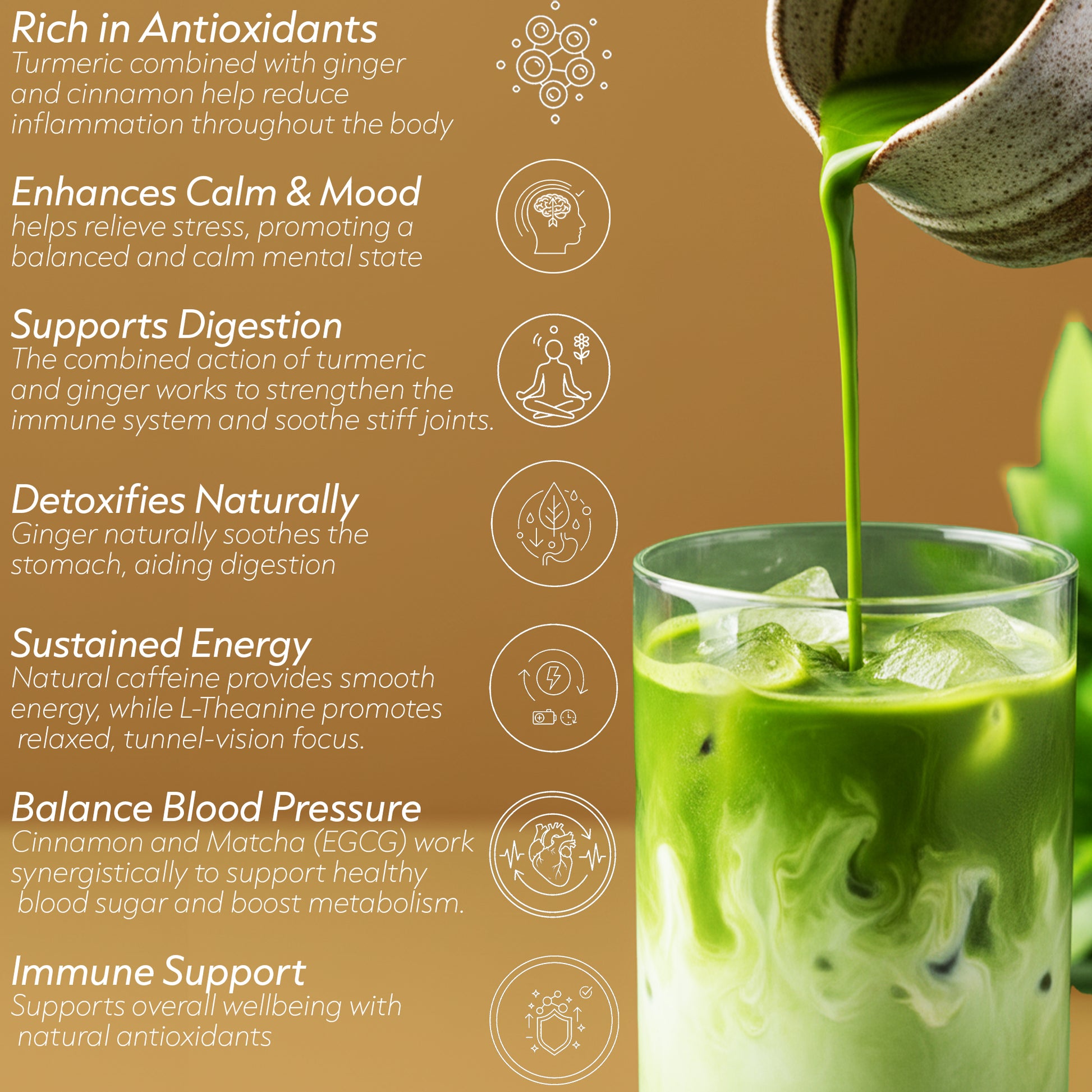 Green smoothie being poured into a glass with health benefits listed on a brown background