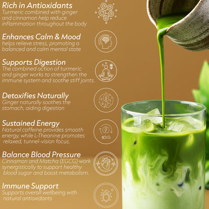 Green smoothie being poured into a glass with health benefits listed on a brown background